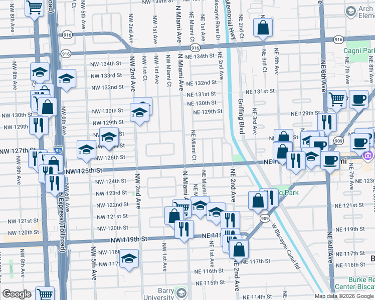 map of restaurants, bars, coffee shops, grocery stores, and more near 12690 North Miami Avenue in North Miami