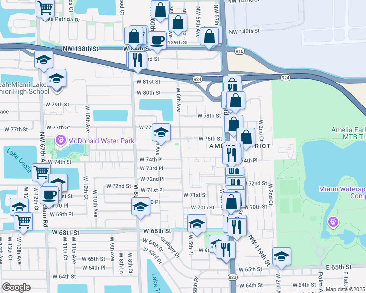 map of restaurants, bars, coffee shops, grocery stores, and more near 7539 West 6th Avenue in Hialeah
