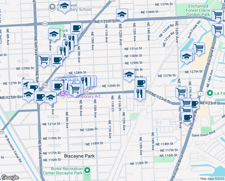 map of restaurants, bars, coffee shops, grocery stores, and more near 12610 Northeast 11th Avenue in North Miami