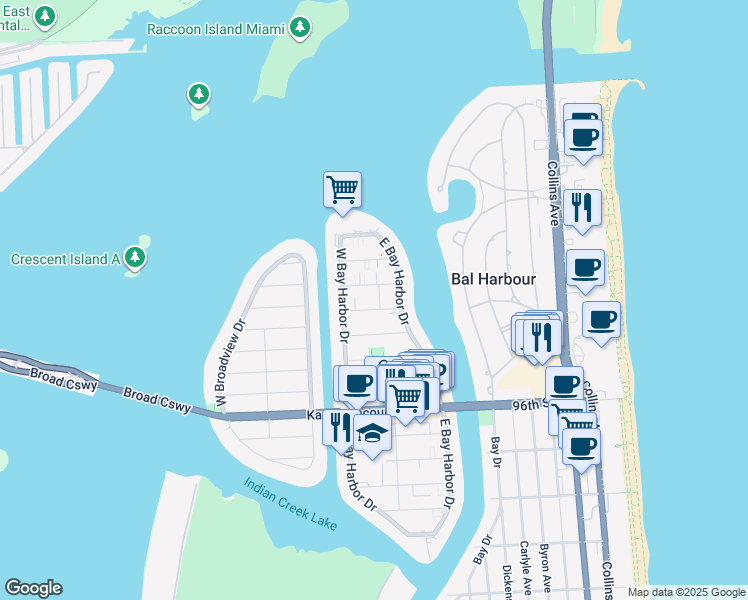 map of restaurants, bars, coffee shops, grocery stores, and more near 74 101st Street in Bay Harbor Islands