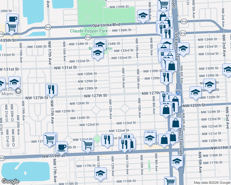 map of restaurants, bars, coffee shops, grocery stores, and more near 1185 Northwest 128th Street in North Miami