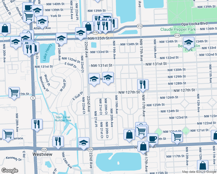 map of restaurants, bars, coffee shops, grocery stores, and more near 1901 Northwest 127th Street in Miami