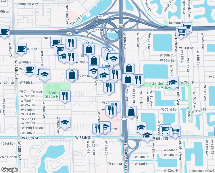 map of restaurants, bars, coffee shops, grocery stores, and more near 2093 West 76th Street in Hialeah