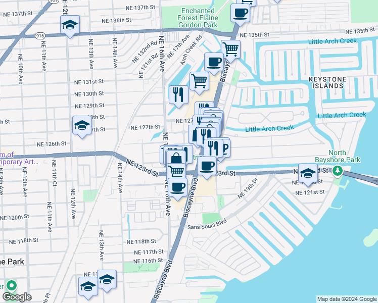 map of restaurants, bars, coffee shops, grocery stores, and more near 1704 Northeast 125th Street in North Miami