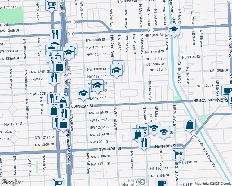 map of restaurants, bars, coffee shops, grocery stores, and more near 165 Northwest 127th Street in North Miami