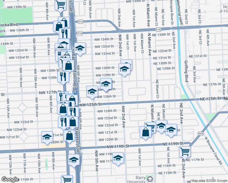 map of restaurants, bars, coffee shops, grocery stores, and more near 225 Northwest 127th Street in North Miami
