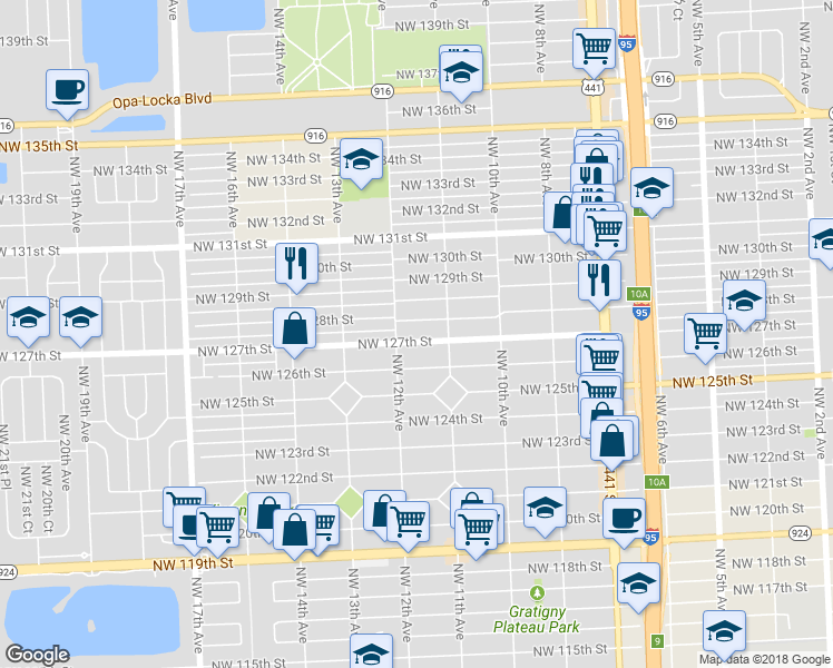 map of restaurants, bars, coffee shops, grocery stores, and more near 1185 Northwest 128th Street in North Miami