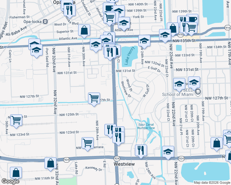 map of restaurants, bars, coffee shops, grocery stores, and more near 12800 Westview Drive in Miami