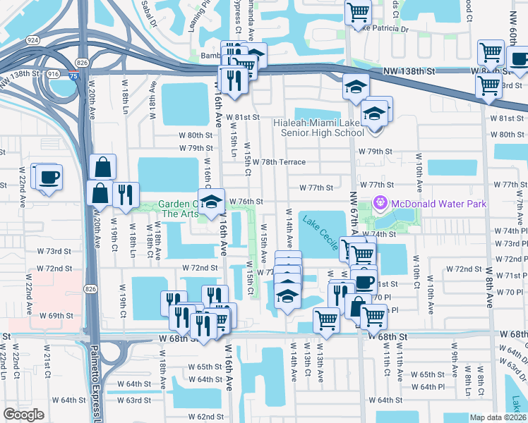 map of restaurants, bars, coffee shops, grocery stores, and more near 1460 West 76th Street in Hialeah