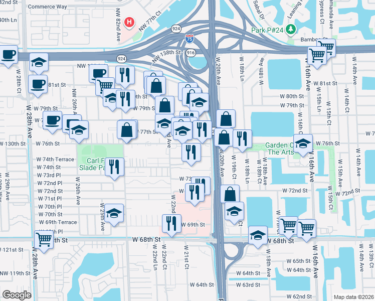 map of restaurants, bars, coffee shops, grocery stores, and more near 2093 West 76th Street in Hialeah