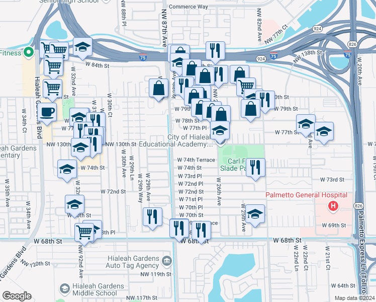 map of restaurants, bars, coffee shops, grocery stores, and more near 2730 West 76th Street in Hialeah