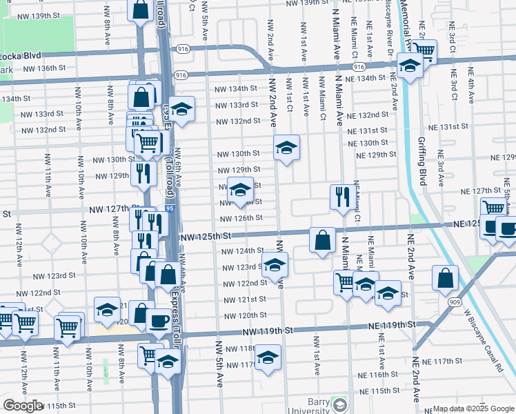 map of restaurants, bars, coffee shops, grocery stores, and more near 225 Northwest 127th Street in North Miami