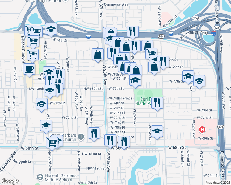 map of restaurants, bars, coffee shops, grocery stores, and more near 2730 West 76th Street in Hialeah