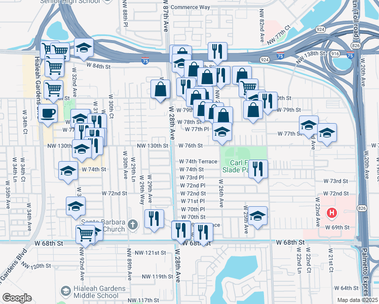 map of restaurants, bars, coffee shops, grocery stores, and more near 2680 West 76th Street in Hialeah