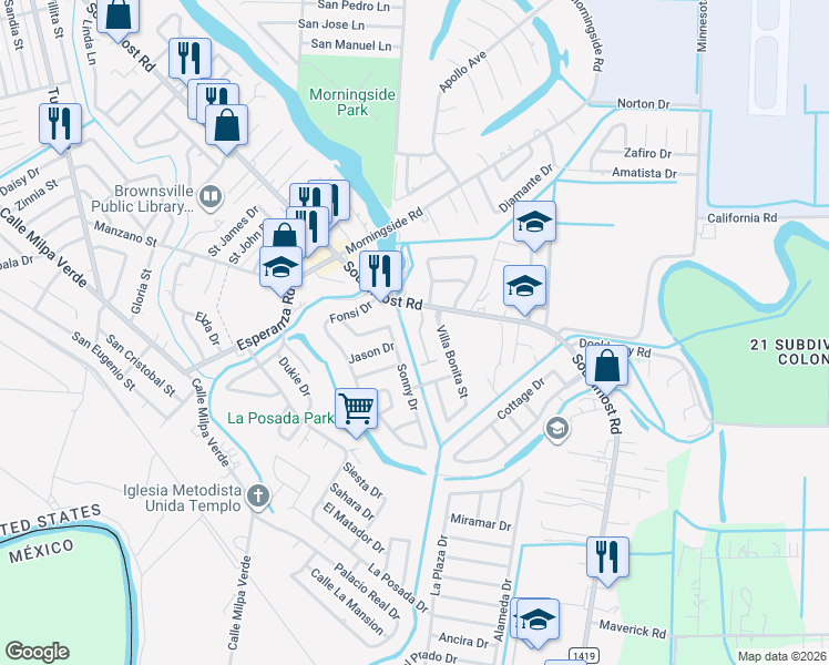 map of restaurants, bars, coffee shops, grocery stores, and more near 5005 Sonny Dr in Brownsville