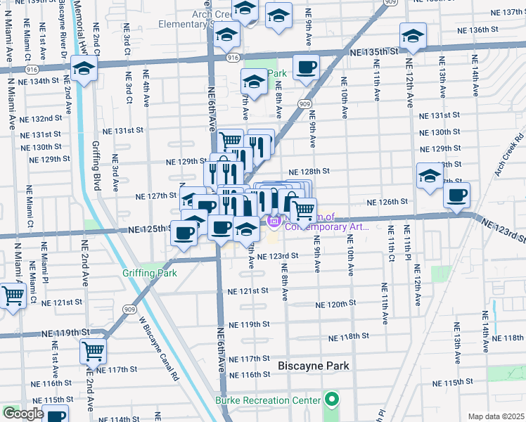 map of restaurants, bars, coffee shops, grocery stores, and more near 721 Northeast 126th Street in North Miami