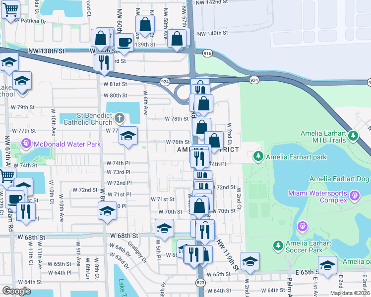 map of restaurants, bars, coffee shops, grocery stores, and more near 7553 West 4th Court in Hialeah
