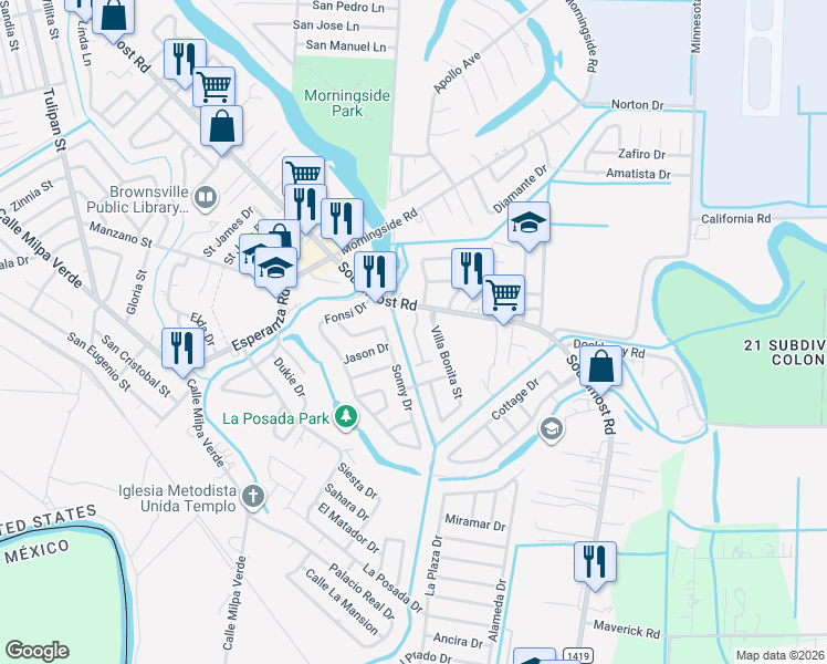 map of restaurants, bars, coffee shops, grocery stores, and more near 5030 Villa Bonita Street in Brownsville