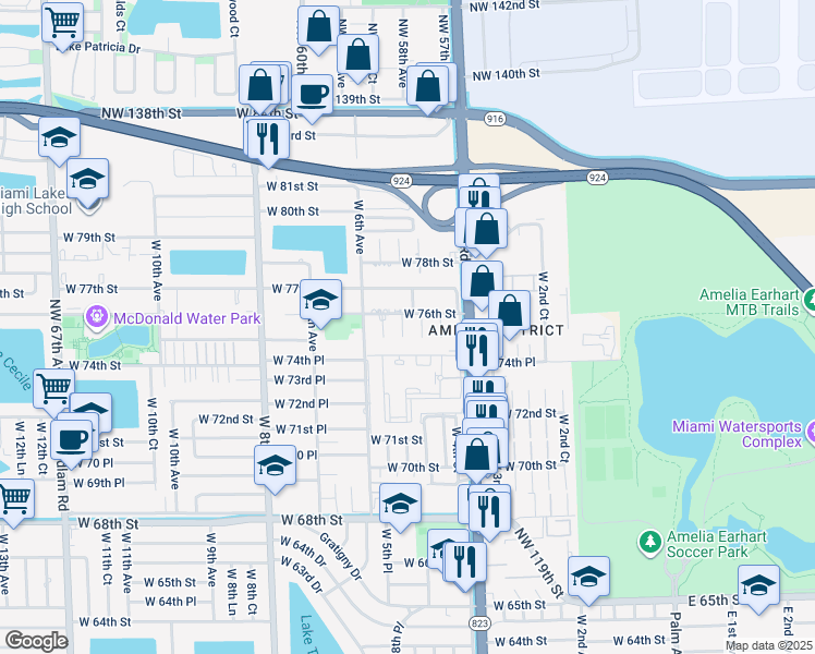 map of restaurants, bars, coffee shops, grocery stores, and more near 7591 West 4th Lane in Hialeah