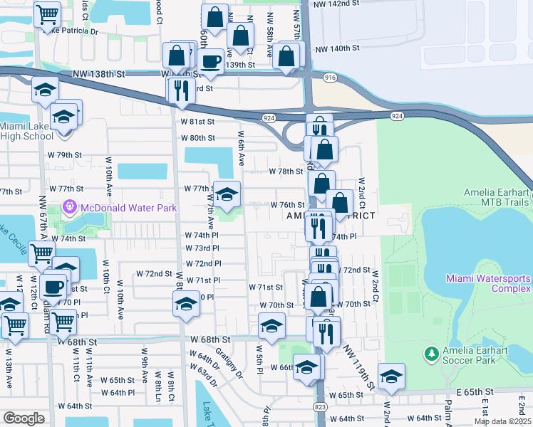map of restaurants, bars, coffee shops, grocery stores, and more near 7597 West 5th Lane in Hialeah