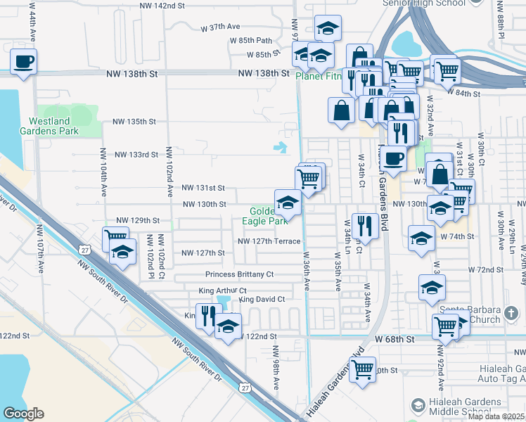 map of restaurants, bars, coffee shops, grocery stores, and more near 9781 Northwest 130th Street in Hialeah Gardens