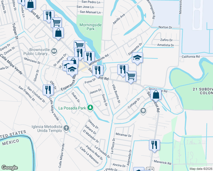 map of restaurants, bars, coffee shops, grocery stores, and more near 5030 Villa Bonita Street in Brownsville