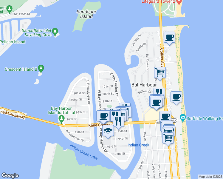 map of restaurants, bars, coffee shops, grocery stores, and more near 10065 Bay Harbor Terrace in Bay Harbor Islands