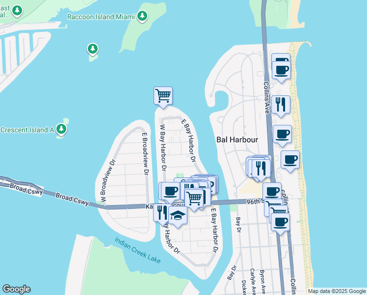map of restaurants, bars, coffee shops, grocery stores, and more near 74 101st Street in Bay Harbor Islands
