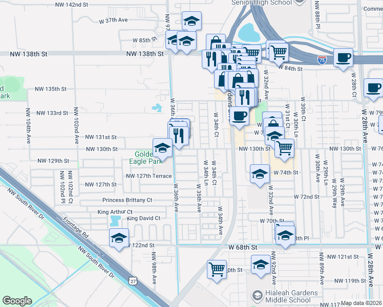 map of restaurants, bars, coffee shops, grocery stores, and more near 7663 West 36th Avenue in Hialeah