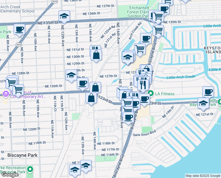 map of restaurants, bars, coffee shops, grocery stores, and more near 1525 Northeast 125th Street in North Miami