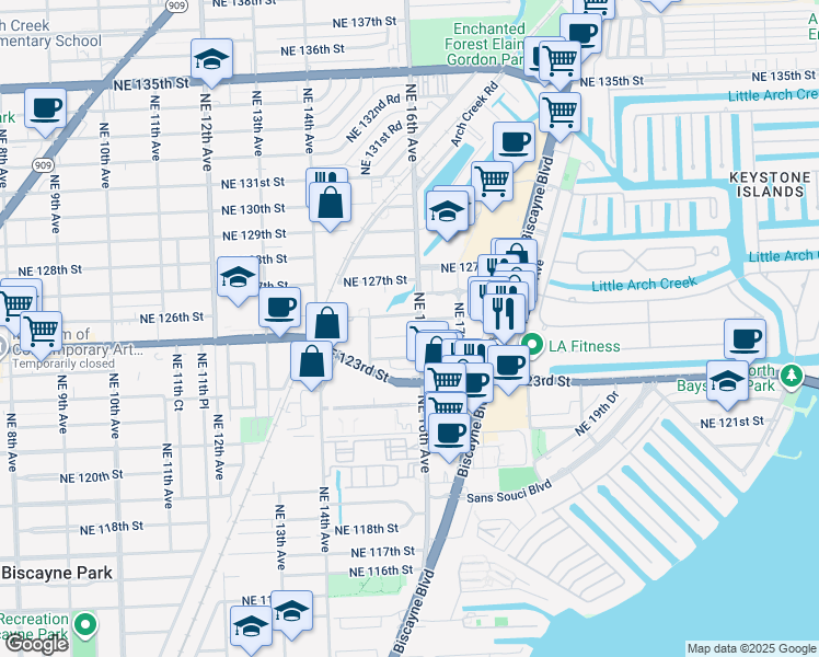 map of restaurants, bars, coffee shops, grocery stores, and more near 1530 Northeast 125th Terrace in North Miami