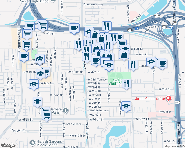 map of restaurants, bars, coffee shops, grocery stores, and more near 2730 West 76th Street in Hialeah