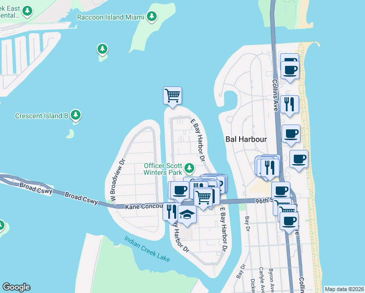 map of restaurants, bars, coffee shops, grocery stores, and more near 1164 101st Street in Bay Harbor Islands