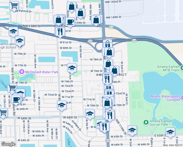 map of restaurants, bars, coffee shops, grocery stores, and more near 7591 West 4th Lane in Hialeah