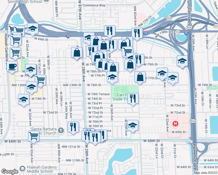 map of restaurants, bars, coffee shops, grocery stores, and more near 2637 West 76th Street in Hialeah