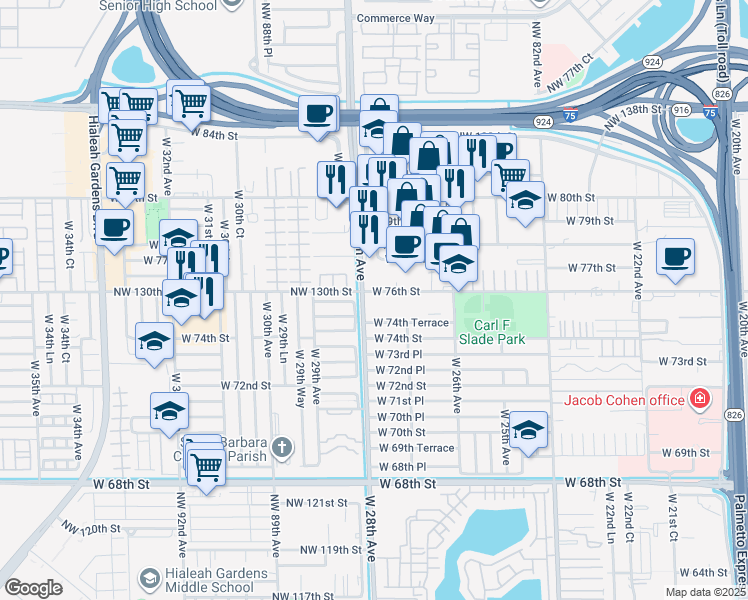 map of restaurants, bars, coffee shops, grocery stores, and more near in Hialeah