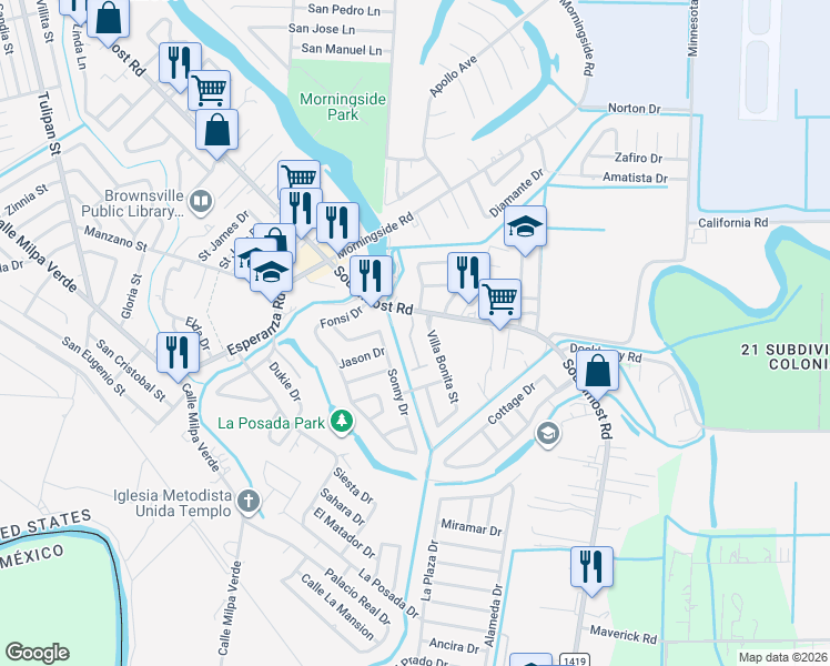 map of restaurants, bars, coffee shops, grocery stores, and more near 5030 Villa Bonita Street in Brownsville