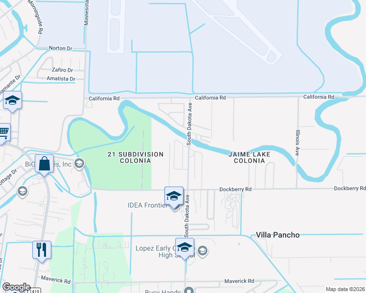 map of restaurants, bars, coffee shops, grocery stores, and more near 2308-2374 South Dakota Avenue in Brownsville