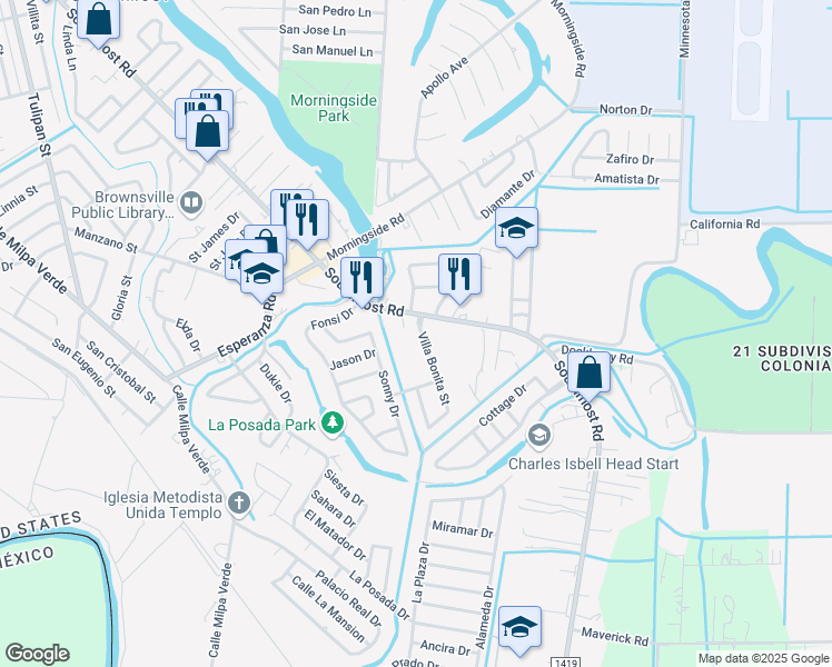 map of restaurants, bars, coffee shops, grocery stores, and more near 5030 Villa Bonita Street in Brownsville