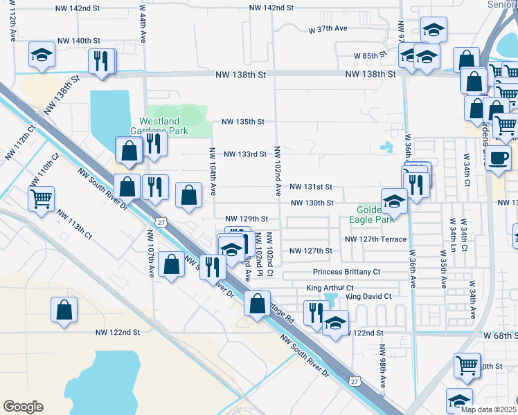 map of restaurants, bars, coffee shops, grocery stores, and more near 10256 Northwest 130th Street in Hialeah Gardens