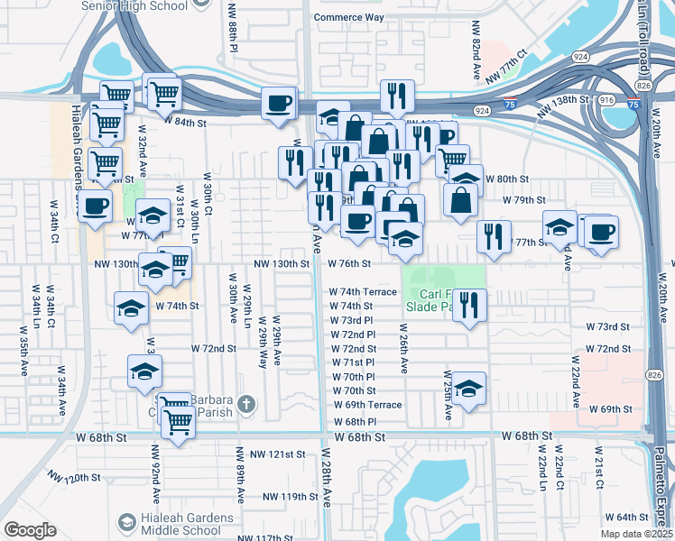 map of restaurants, bars, coffee shops, grocery stores, and more near 2730 West 76th Street in Hialeah