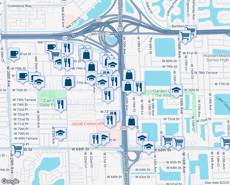 map of restaurants, bars, coffee shops, grocery stores, and more near 2106 West 76th Street in Hialeah