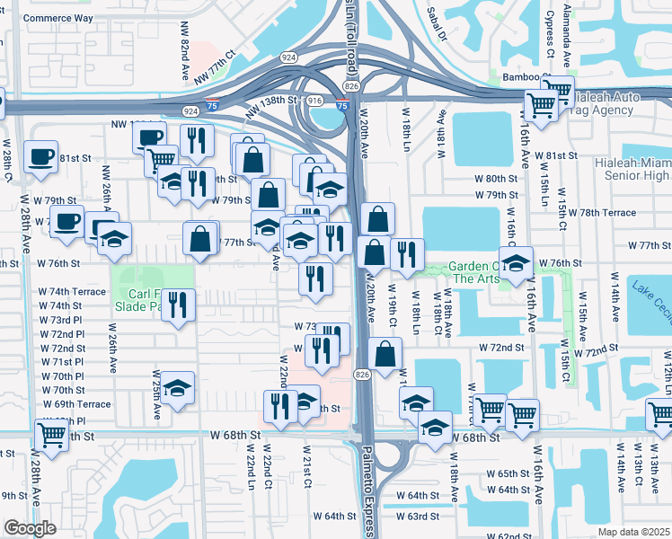 map of restaurants, bars, coffee shops, grocery stores, and more near 2106 West 76th Street in Hialeah