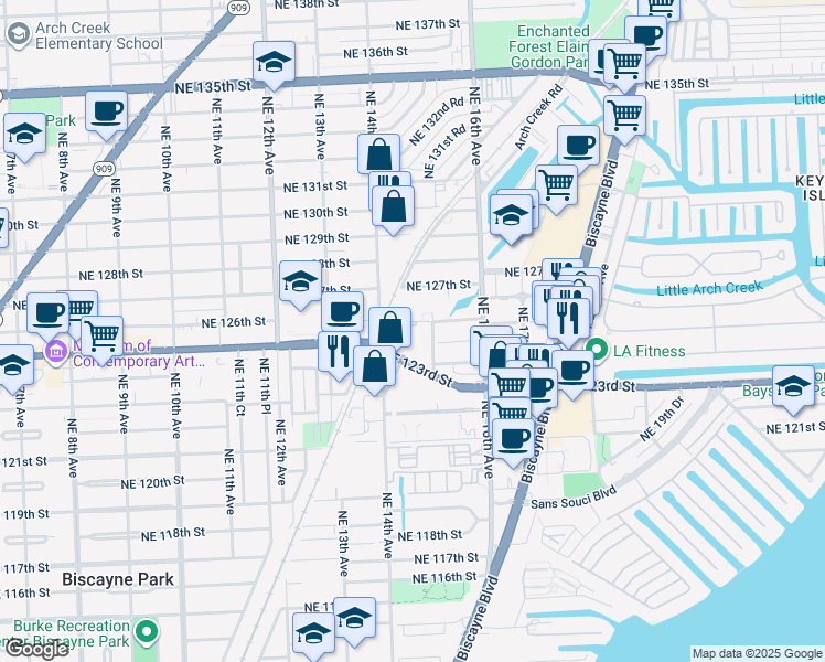 map of restaurants, bars, coffee shops, grocery stores, and more near 1470 Northeast 125th Terrace in North Miami