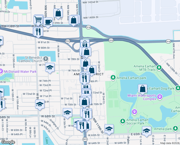 map of restaurants, bars, coffee shops, grocery stores, and more near 335 West 75th Place in Hialeah