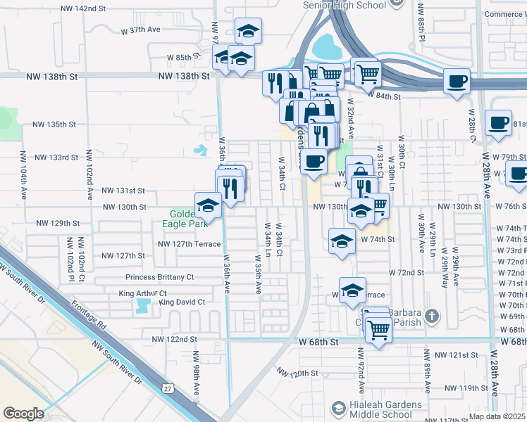 map of restaurants, bars, coffee shops, grocery stores, and more near 7594 West 34th Lane in Hialeah