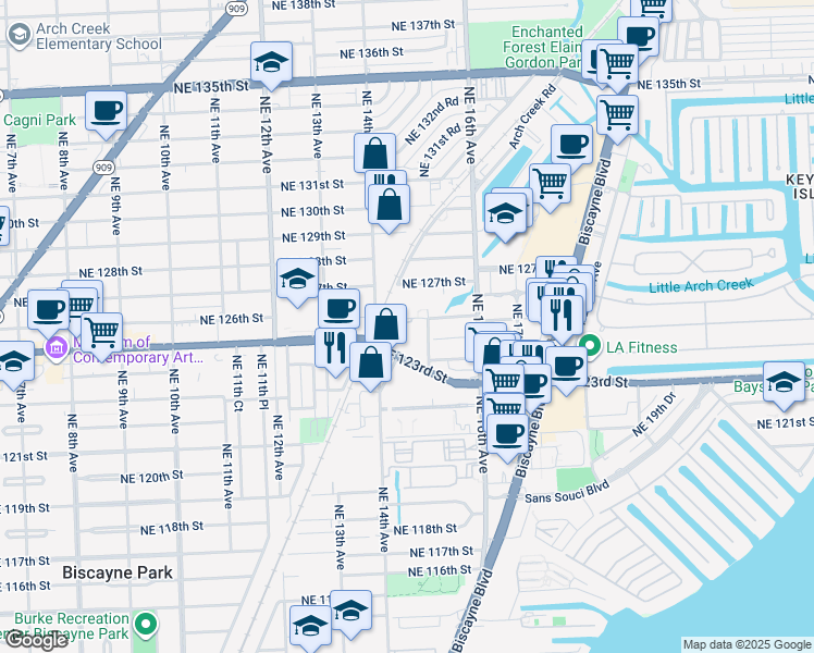 map of restaurants, bars, coffee shops, grocery stores, and more near 1470 Northeast 125th Terrace in North Miami