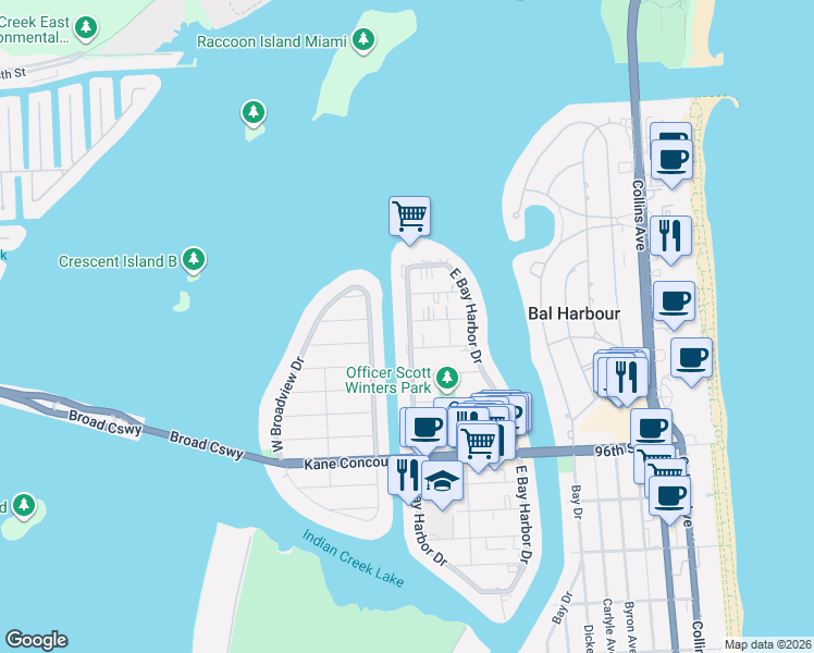 map of restaurants, bars, coffee shops, grocery stores, and more near 1164 101st Street in Bay Harbor Islands