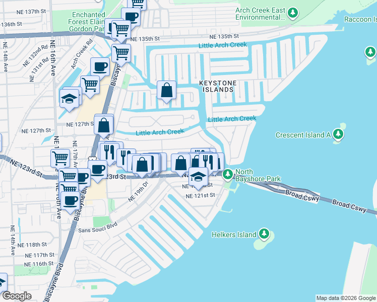 map of restaurants, bars, coffee shops, grocery stores, and more near 2075 Alamanda Drive in North Miami