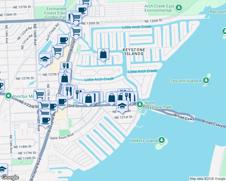map of restaurants, bars, coffee shops, grocery stores, and more near 2075 Alamanda Drive in North Miami